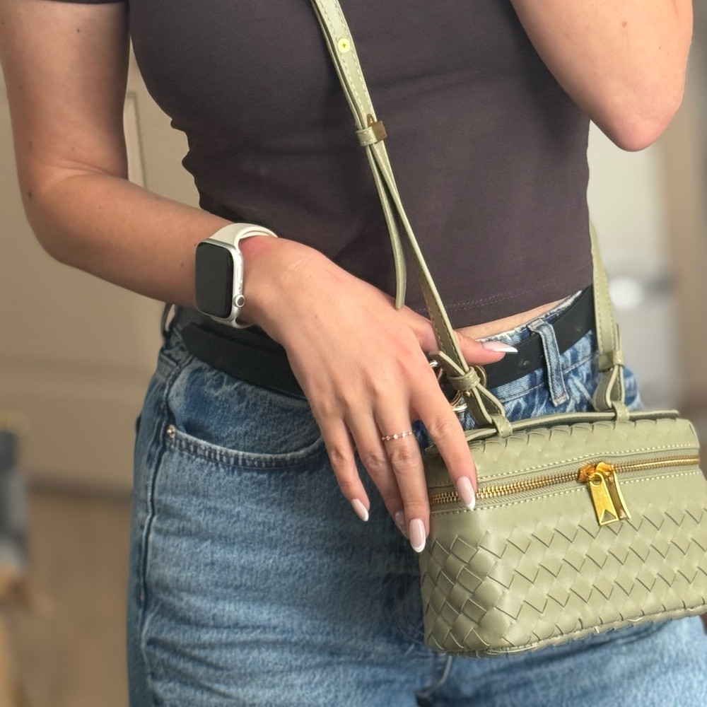 Olive Green Woven Leather Crossbody Bag with Gold Zipper